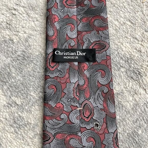 Christian Dior Mens Red Gray Paisley Abstract Neck Tie Business Career Office - Picture 3 of 9